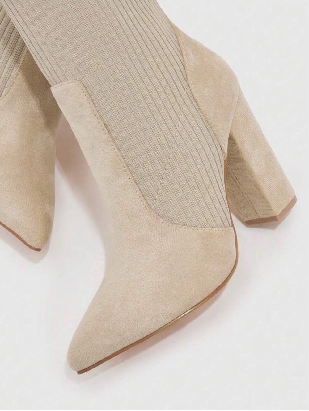 NWT ✨ Beige Knit Sock Suede Block Heel Ankle Boots - Picture 3 of 8